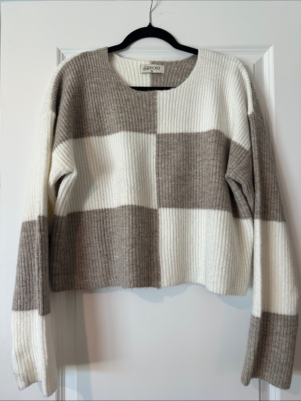 The Post Colorblock Ribbed Crewneck Sweater in Cream & Taupe